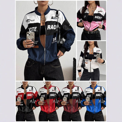 Hot-selling in-stock item - 95063 cross-border fashion racing print women's jacket, versatile casual outerwear for export to europe and the us