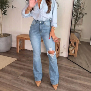 Fashionhigh waist ripped micro-flared jeans women's light blue washed elastic silmslimming look hot girl style easiest for matchmop pants