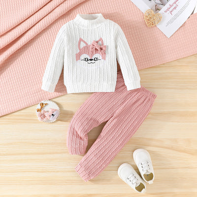 girls' cartoon fox long-sleeve set - infant/toddler cable knit two-piece outfit with mock neck