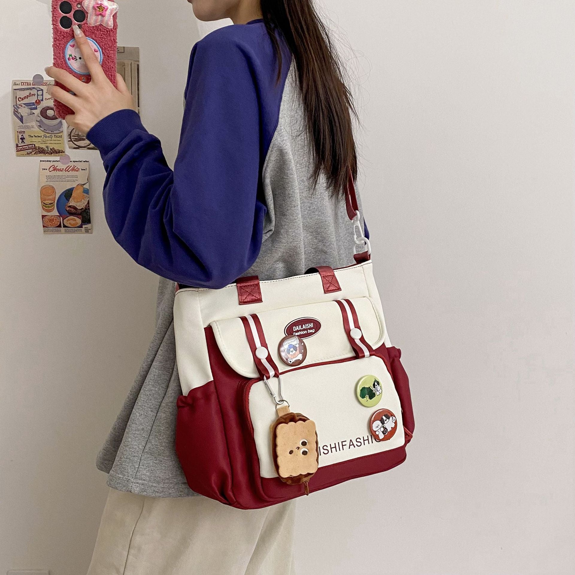 New large-capacity contrasting color handbag female cute girl shoulder messenger bag college student class tutoring bag