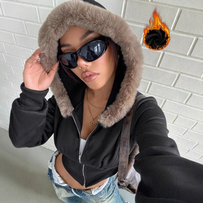 Pre-sale-73236# cross-border foreign trade women's clothing european and american fur collar hooded waist irregular cardigan