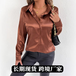 Real shot european and american women's clothing satin summernew arrivalexport satin shirt women's satinartificial silk shirt wholesale