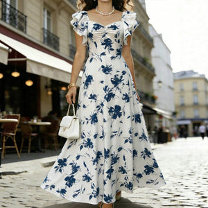 cross-border european and american style floral dress - elegant color block, ink wash floral print, flutter sleeves, square neck, high waist, full skirt