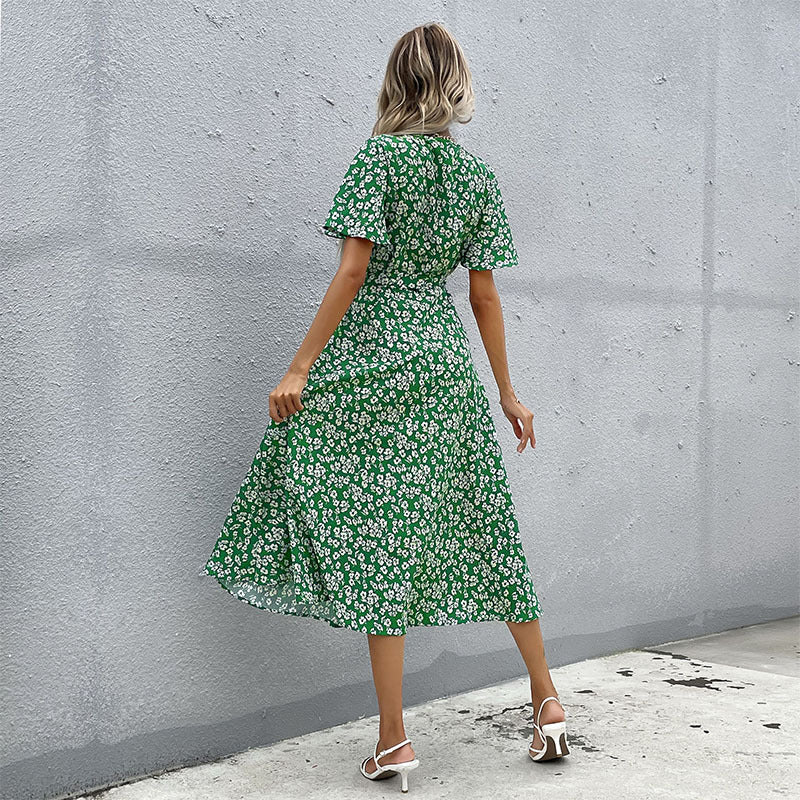 Spring and summer    independent station new European and American women's clothing French pastoral slim-fit printed dress