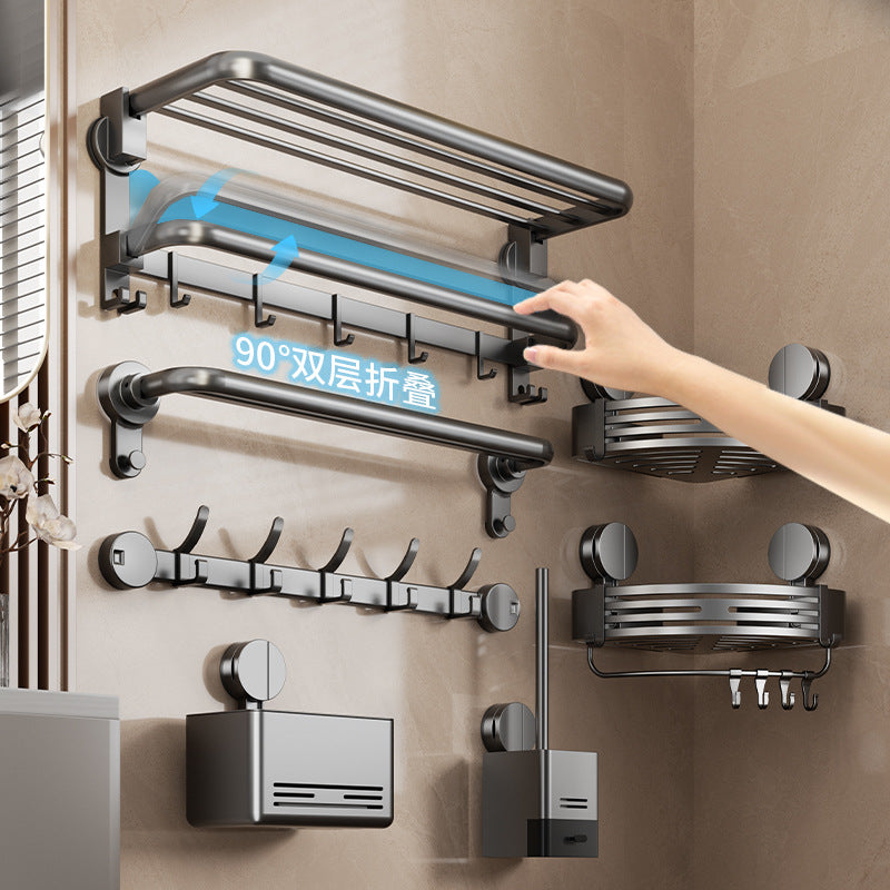 Suction cup folding bath towel rack non-punching toilet rack wall-mounted toilet pendant set bathroom towel rack