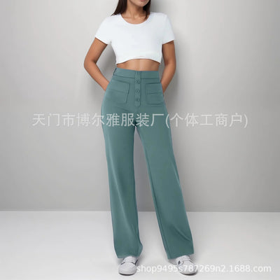 fashion new women's casual straight-leg pants - high waist, button closure, elastic waistband, multiple pockets (us & european style)
