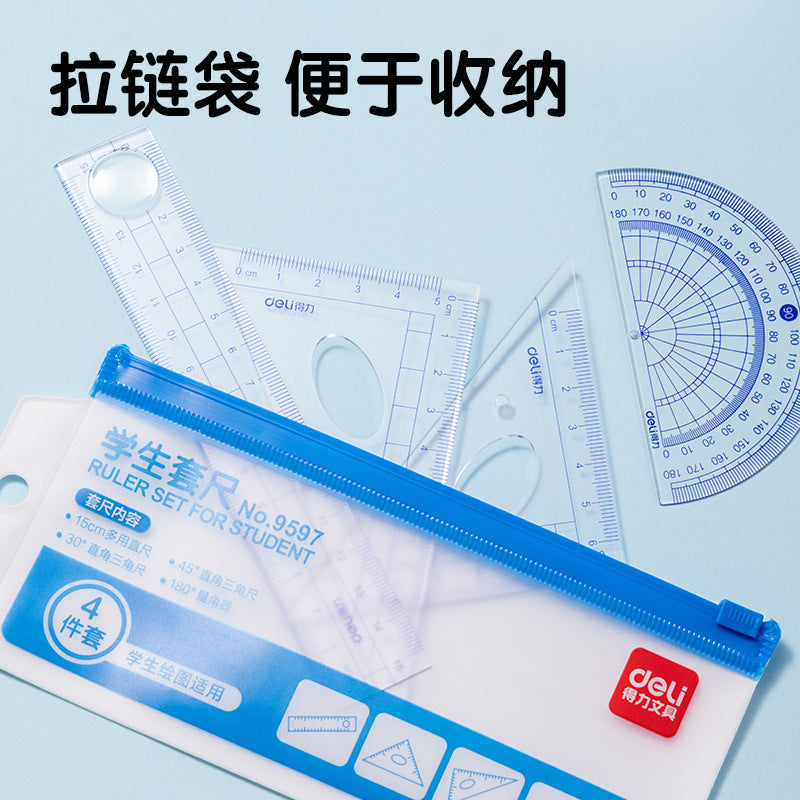 Deli 9597 Ruler Set Student Ruler Straight Ruler Triangle Ruler Protractor 15cm Transparent Blue Drawing Ruler