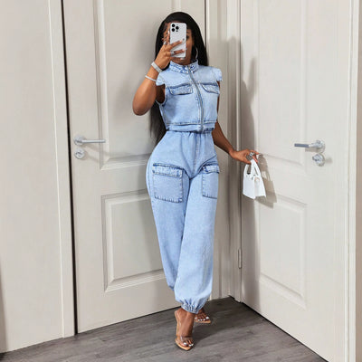 Pre-sale-66336# cross-border fashion and casual pure color women's denim jumpsuit