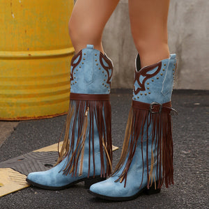 Blue tassel western cowboy boots women's pointed toe mid-calf chunky heel belt buckle rivet embellished european and american retro long boots
