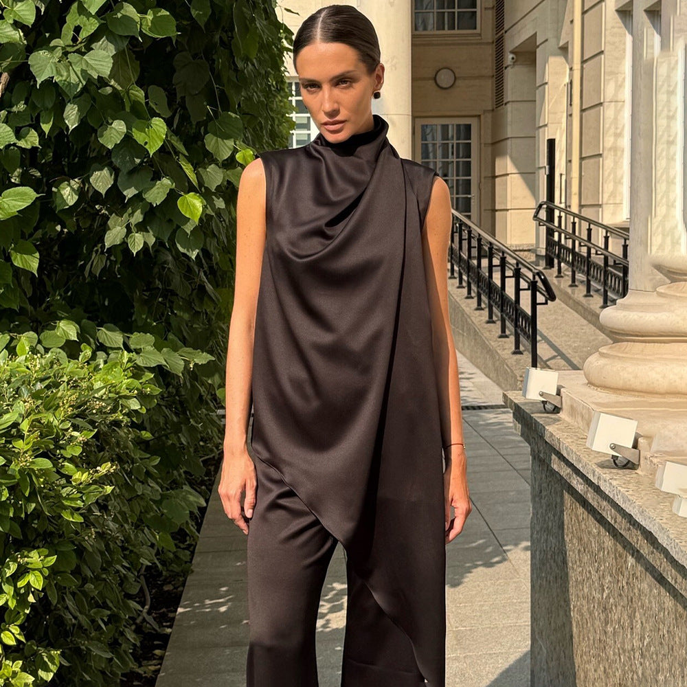 European and American  women's clothing new semi-turtleneck button-up sleeveless top design sense casual temperament irregular T-shirt women