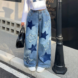European and american style women's jeans with star appliqué patchwork, washed streetwear high-waisted wide-leg mop jeans
