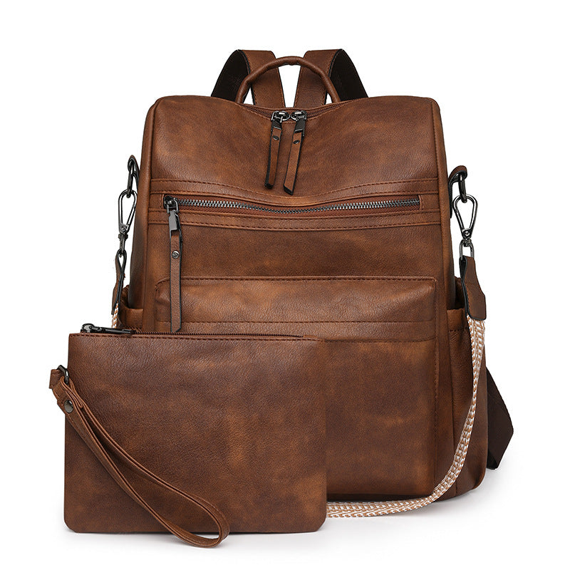 New retro bag women's large-capacity backpack multi-functional women's backpack PUbags women's bag set wholesale