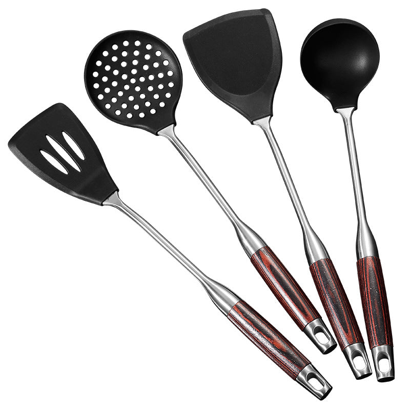 Daoqi 304 stainless steel silicone spatula household kitchen tools high temperature non-stick pan wooden handle cooking spoon spatula