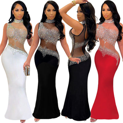 S390246 cross-border women's sexy see-through rhinestone sleeveless dress women's nightclub evening dress