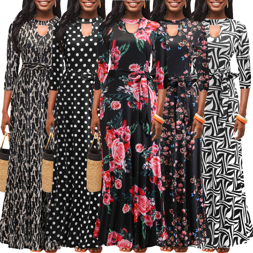 Spring and Autumn 2022 new European and American  independent station women's clothing V-neck waist large skirt polka dot printing dress women