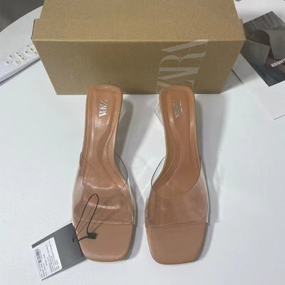 Za summer new chunky heel women's shoes square toe ankle strap high heels women's pvc open toe slingback glass heel sandals