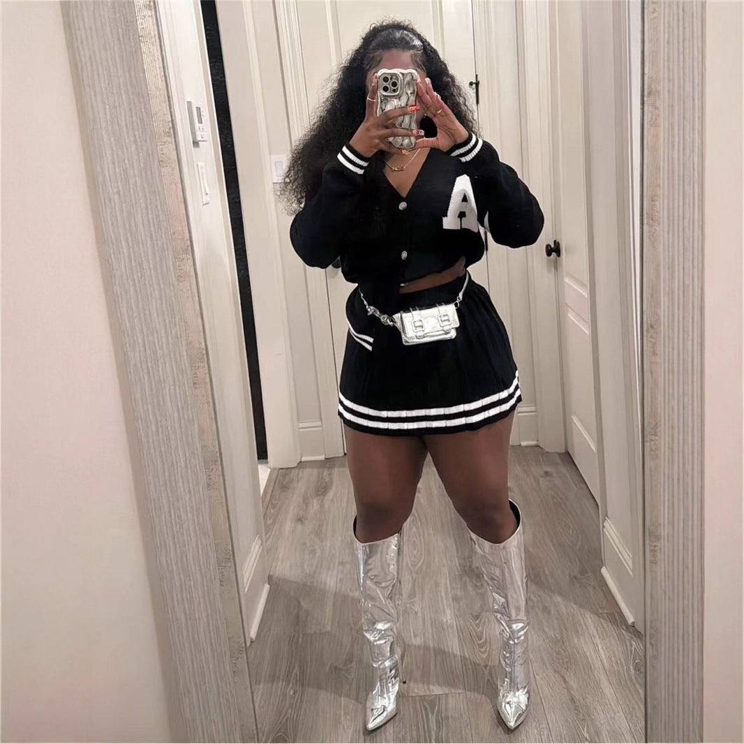 European and American Fashion Academy style V-neck long-sleeved cardigan high-waisted pleated skirt knitted sweater two sets women