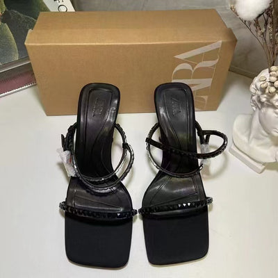 Za new 2024 fashion french black high heels square toe one strap rhinestone open toe back strap sandals women