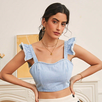 Pre-sale~15031# cross-border women's clothing ins versatile design small flying sleeve denim vest
