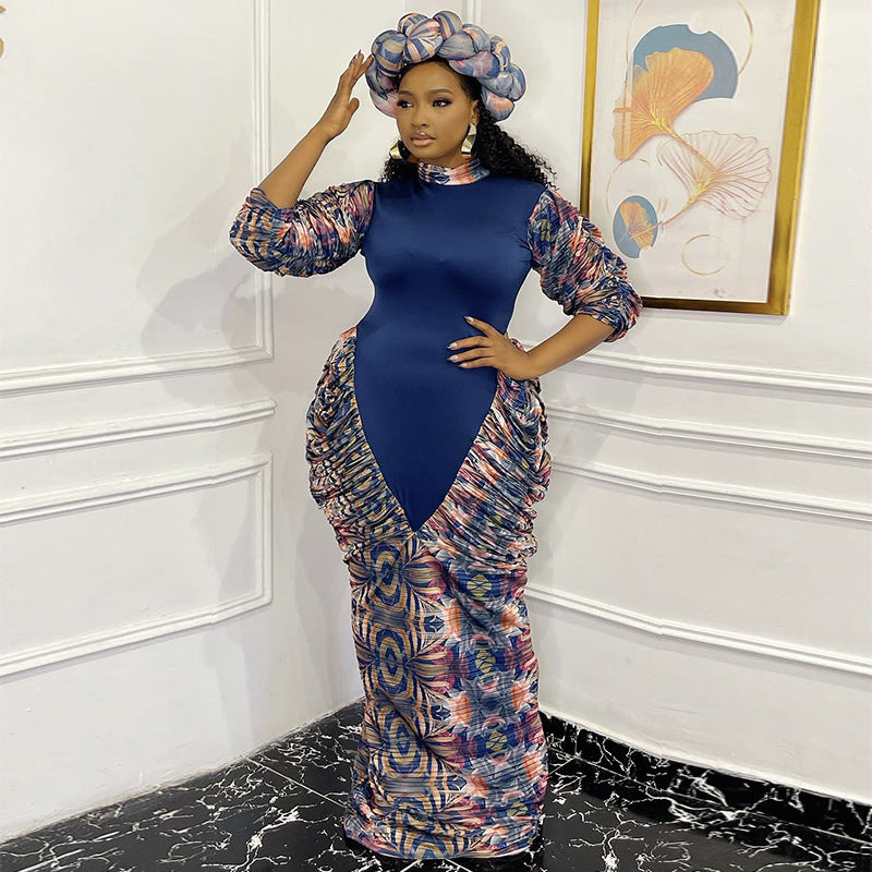 European and American women's clothing 2025 autumn new fashionable and elegant turtleneck lantern sleeve slim-fit hip-wrapped printed dress