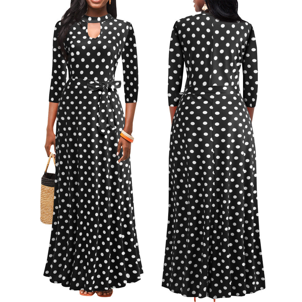 Spring and Autumn 2022 new European and American  independent station women's clothing V-neck waist large skirt polka dot printing dress women