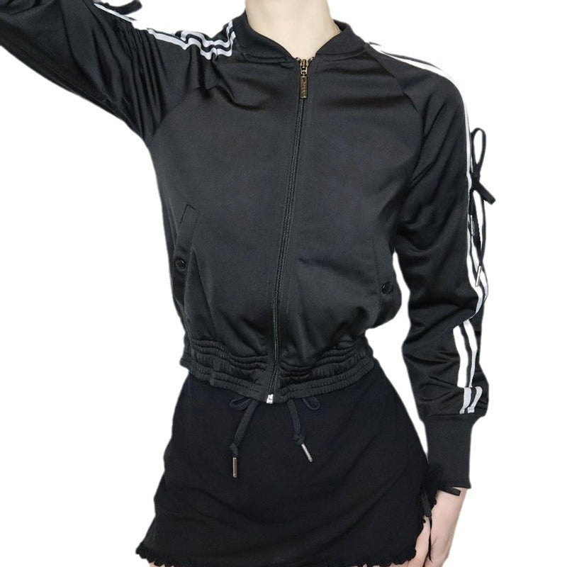 American sports style autumn and winter coat bow striped webbing zipper jacket baseball jersey waist casual jacket