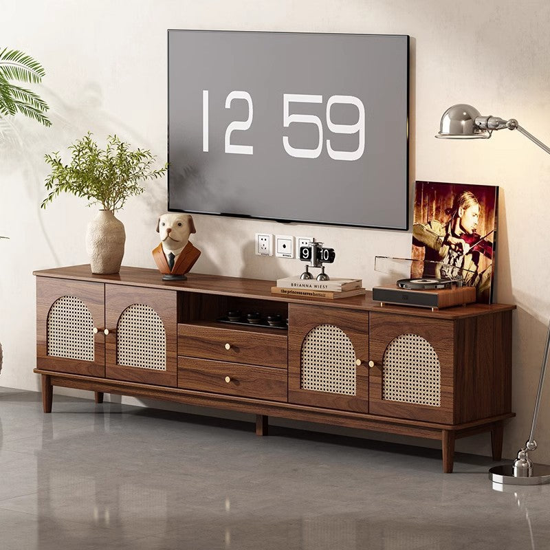 Retro rattan solid wood frame TV cabinet household coffee table combination small apartment living room storage locker integrated new model