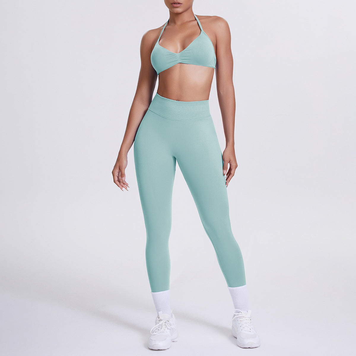 Spot solid color yoga clothes high waist peach hip sports trousers suspenders beautiful back neck bra fitness yoga set