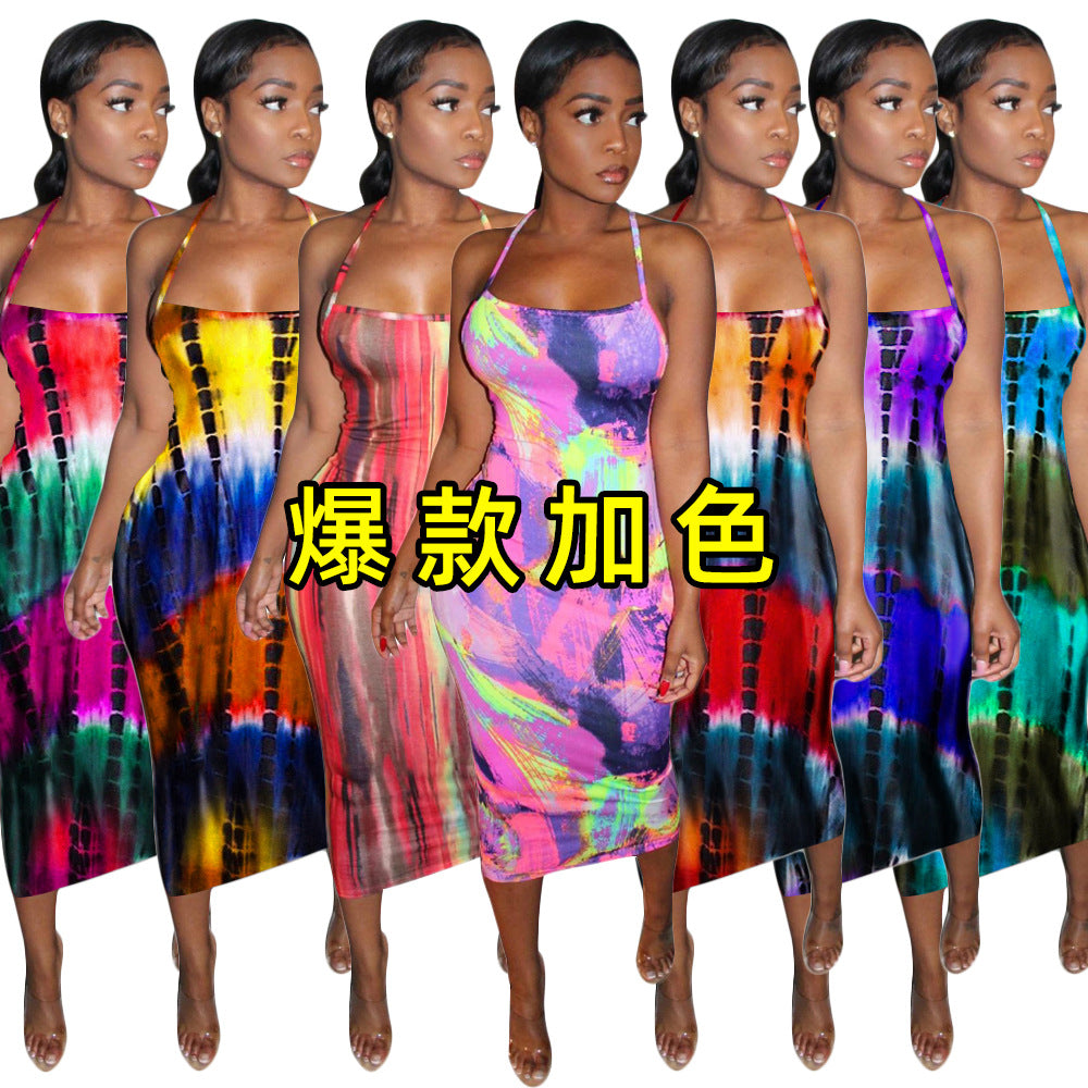 SS3744 Cross-border European and American women's clothing hollow sexy suspender graffiti printing dress fashion temperament step skirt women