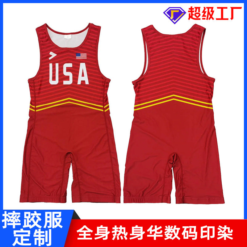 Sublimation full body print men's one-piece wrestling suit custom training weightlifting suit men's and women's free wrestling one-piece vest