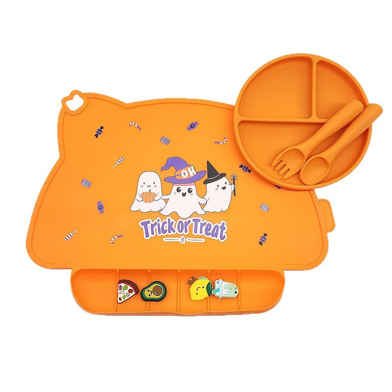 Cross-border baby placemat, thermal insulation mat, silicone foldable Halloween table mat, printed western food mat, eating mat with pocket