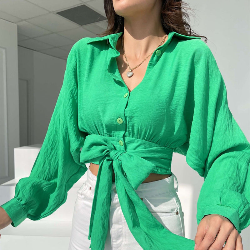 Spot 2023 European and American  shirt women's lace-up long-sleeved cardigan spring and summer open-button loose shirt bat sleeve