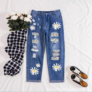 new arrivals: plus-size women's daisy patchwork denim jeans with frayed hem and distressed details - perfect for , , and european & american markets