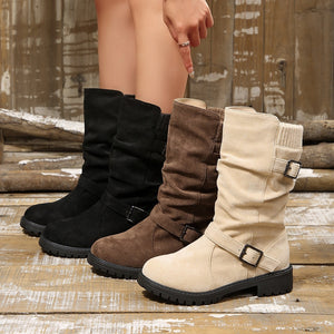 winter fleece-lined leather buckle mid-calf boots for women, new export style, wool-lined, plus size cotton shoes - 43