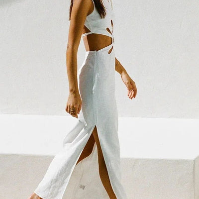european and american export women's fashion: trendy, elegant, halter neck, backless, sexy, vacation-ready, cutout, slit dress