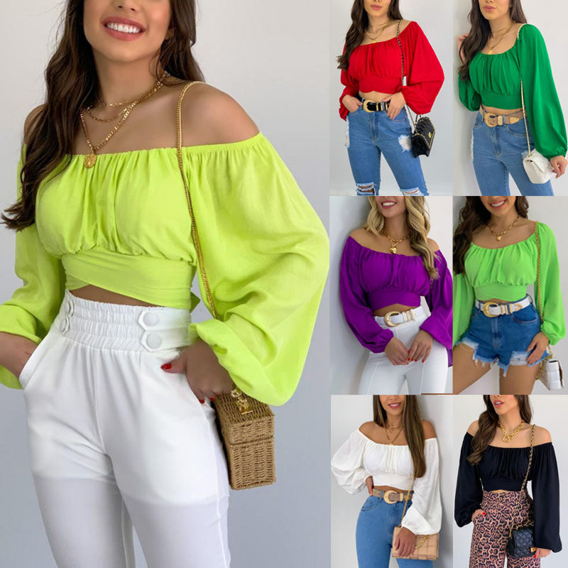 Spot European and American  tops women's solid color open-button lantern sleeves one-word collar sexy lace-up women's bubble sleeve shirt