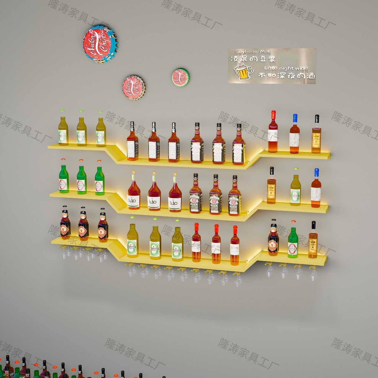 Bar red wine rack wall hanging wrought iron bar counter wall simple decoration creative luminous shelf restaurant wine cabinet against the wall