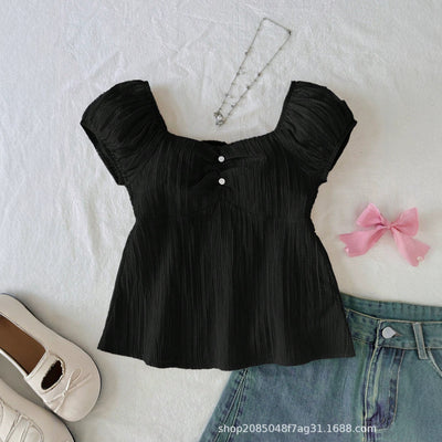 Summer new fashion design premium shirt - black textured ruched puff sleeve square neck women's blouse