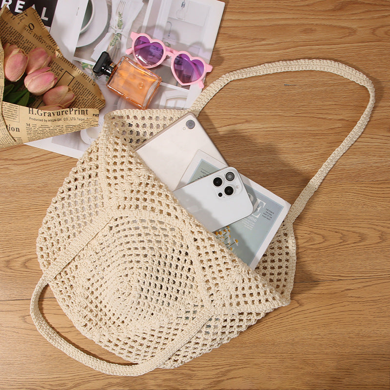 Casual large-capacity cotton thread woven bag new hollow straw bag lazy wind shoulder bag vacation beach bag women's bag