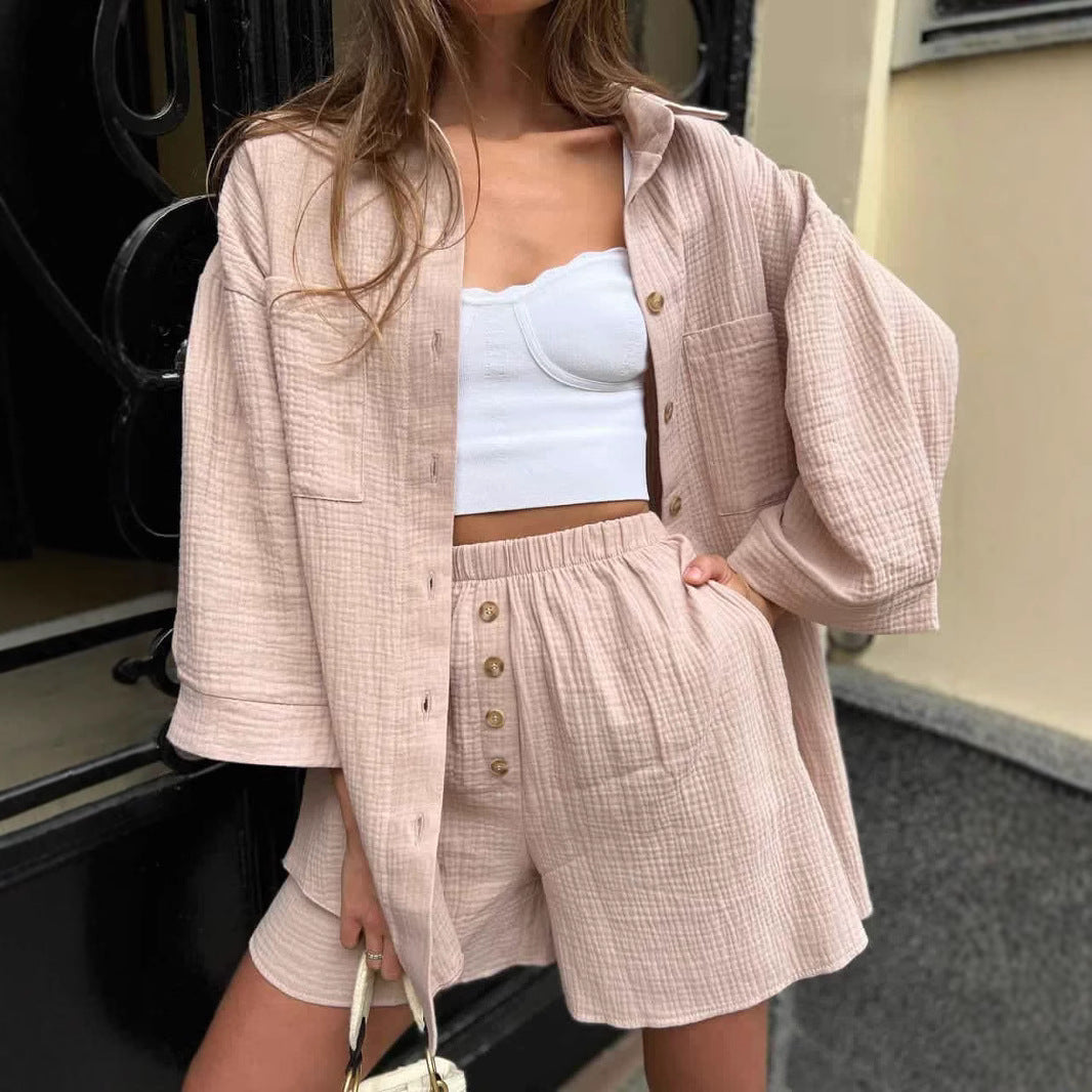 European and American casual temperament new women's clothing solid color cardigan breasted top fashion shorts two-piece set