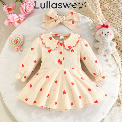 girls' heart print big collar triangle romper - apricot long sleeve + bow hair accessory