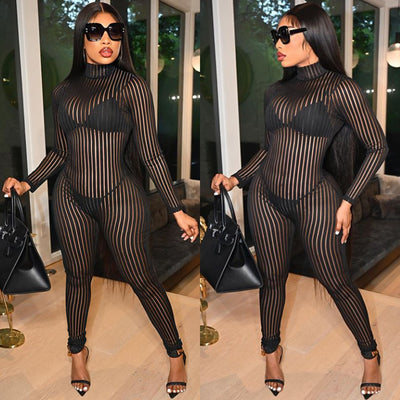 C5345 cross-border new arrival: sexy see-through striped bodysuit with long sleeves and pants - perfect for and