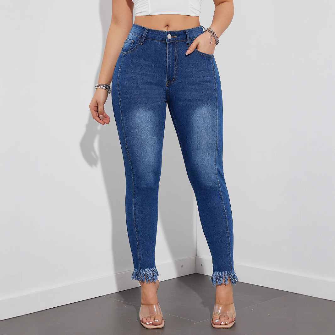 Spring 2025 new high-elastic thin jeans, elastic pants, pencil pants, high-waisted trousers, hip-wrapped and leg-long.