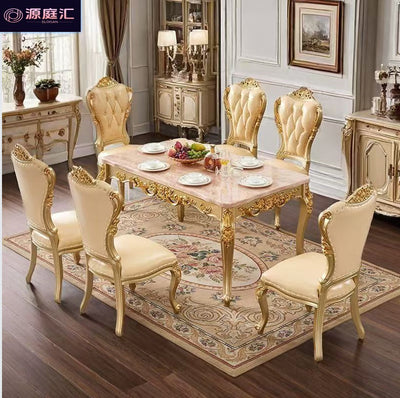 European-style rectangular dining table with marble top, luxury home dining set, deluxe table with six chairs, long table, square wooden table