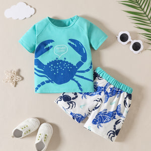 children's clothing, european and american style, vacation-themed cartoon crab print, letter short-sleeve and shorts two-piece set for boys