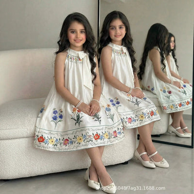 Girls' satin halter dress - summer floral print, bow detail, sleeveless princess dress - toddler & little girl loose a-line