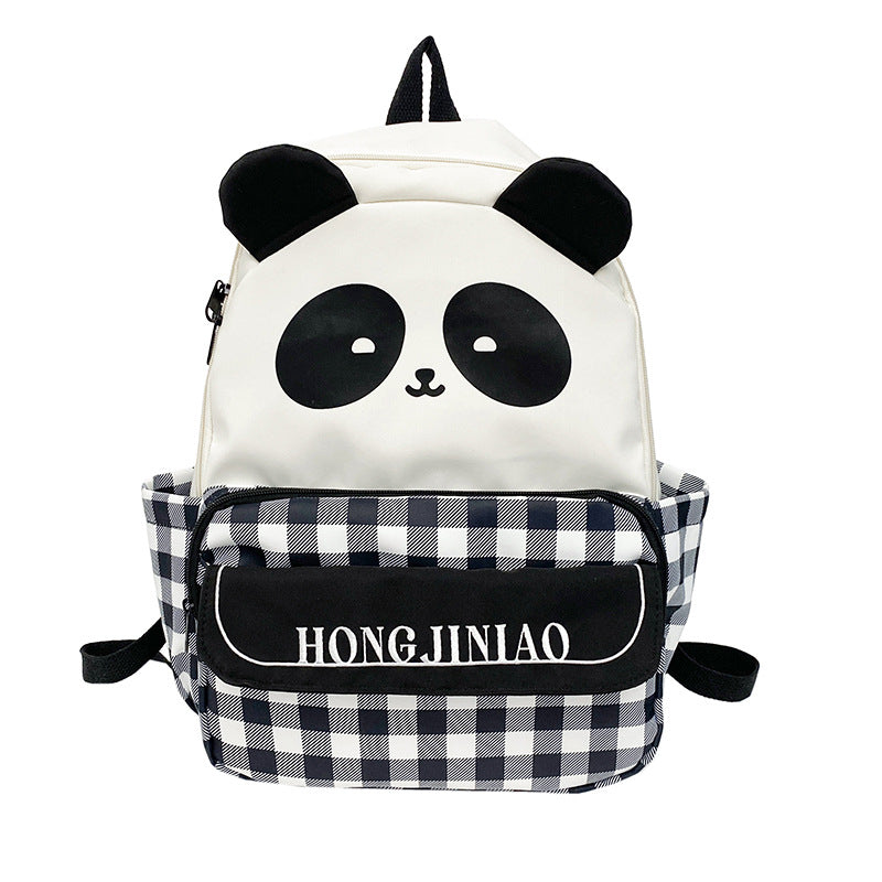 New plaid versatile casual girl backpack cute cartoon panda schoolbag female primary school junior high school student backpack