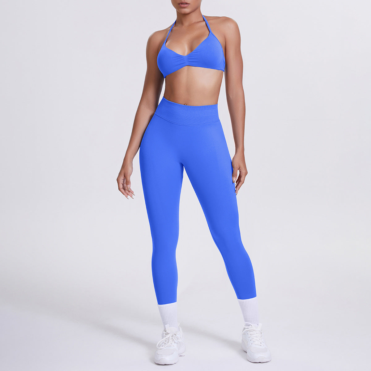 Spot solid color yoga clothes high waist peach hip sports trousers suspenders beautiful back neck bra fitness yoga set