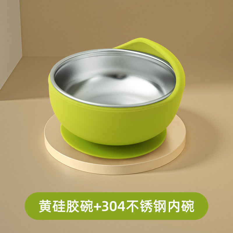 Stainless steel suction cup bowl baby special complementary food baby bowl independent eating silicone anti-drop and anti-scalding children learn to eat