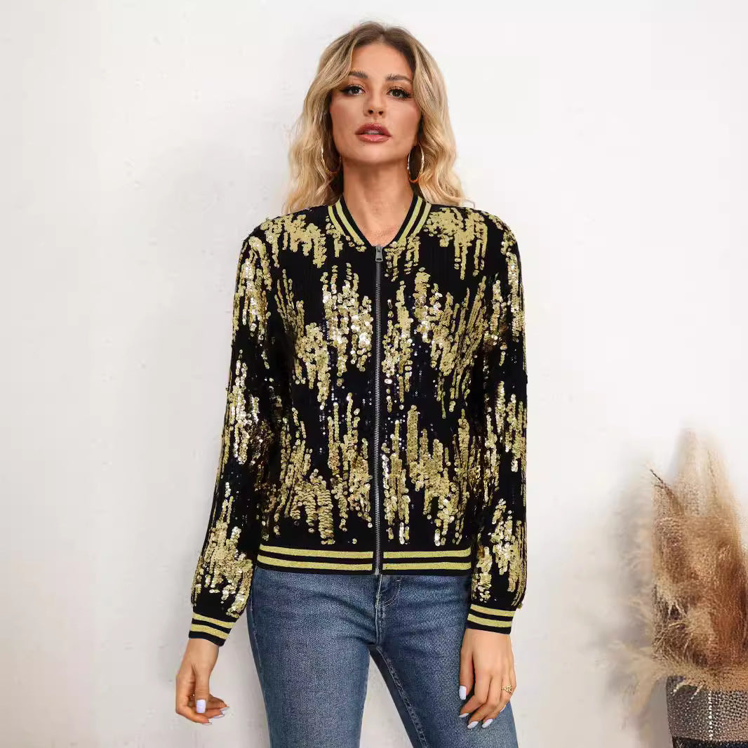 10394 Cross-border European and American  women's clothing autumn and winter baseball clothing fashion casual sequins decorative slim jacket